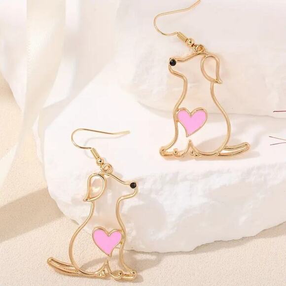Unbranded Jewelry - NEW Gold Dog Earrings with Pink Heart – Cute Pet Lover Dangle Jewelry